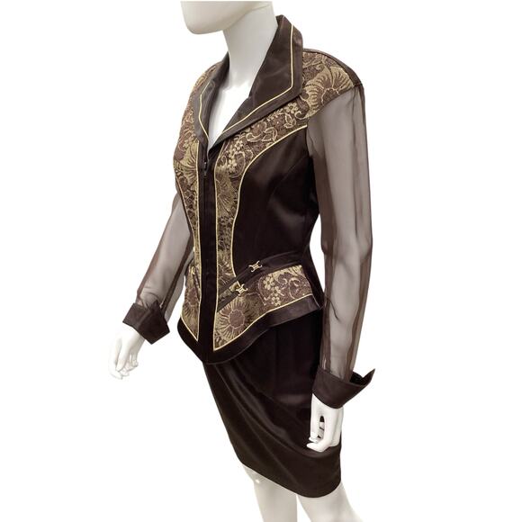 VTG Cache 2 Piece Set Jacket+Skirt Women’s Size 6 Sheer Sleeve Zipper Dark Brown - Picture 2 of 9